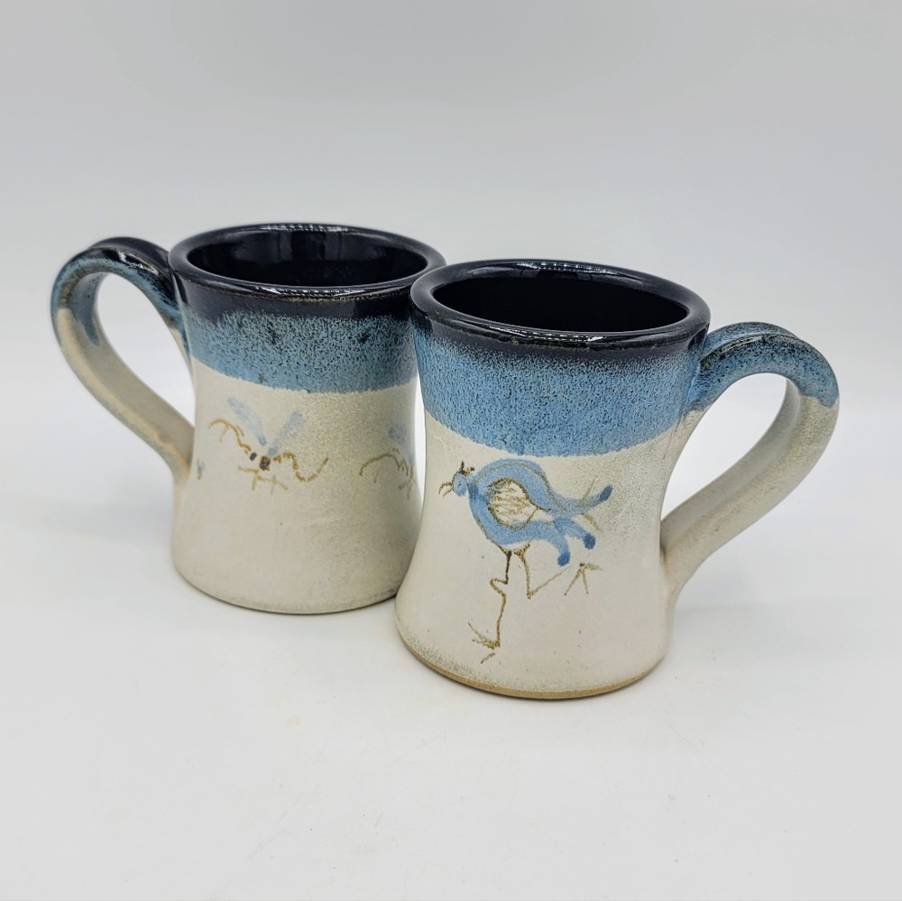 Studio Pottery Mugs Roadrunner & Mosquito Hand Painted Humor Signed Wild Vintage